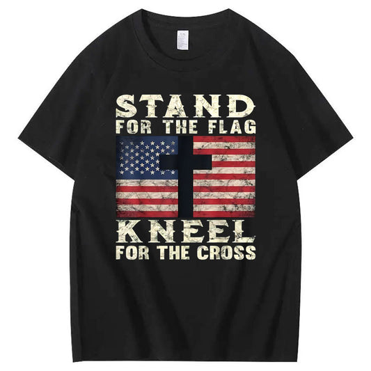 Stand For The Flag Kneel For The Cross Pattern Print 100%Cotton T-Shirt