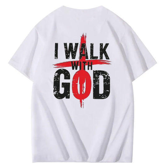 I Walk With God Pattern Printing Print Crew Neck T-Shirt