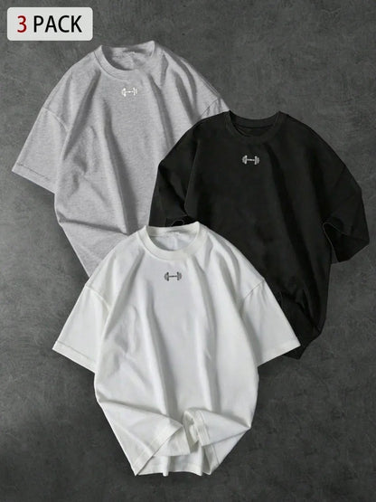 3-Pack Oversized T-Shirts – Small Dumbbell Chest Print, Minimalist Gym Streetwear