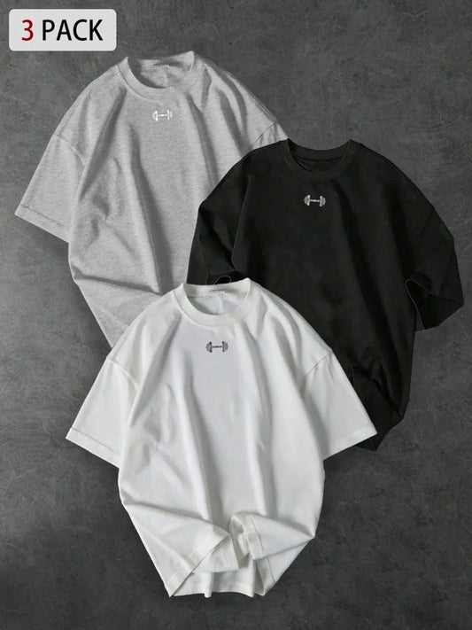 3-Pack Oversized T-Shirts – Small Dumbbell Chest Print, Minimalist Gym Streetwear
