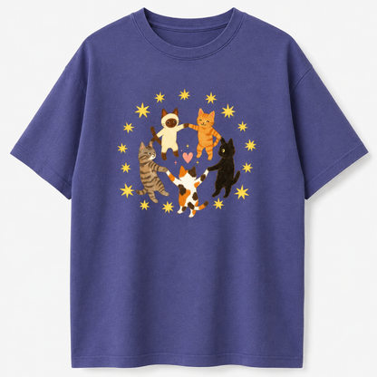 5 Holding Hands Circle Cats Yellow Star Heart Pattern, Round Neck Fabric, Graphic Tees Women, Vintage T Shirts