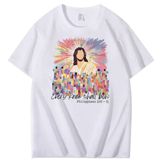 Every Knee Shall T-shirt med rund hals og sløjfemønster