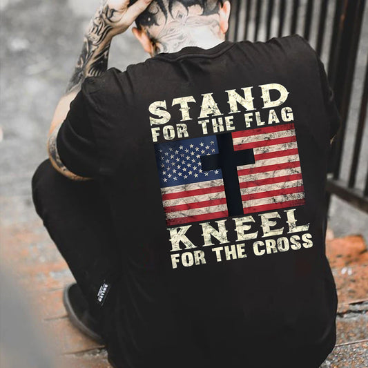 Stand For The Flag Kneel For The Cross Pattern Print 100%Cotton T-Shirt
