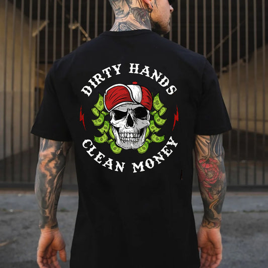DIRTY HANDS CLEAN MONEY Skull Black Print T-Shirt