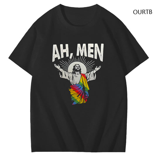 Ah Men Rainbow Jessus Faith Funny Art Pattern Print T-Shirt