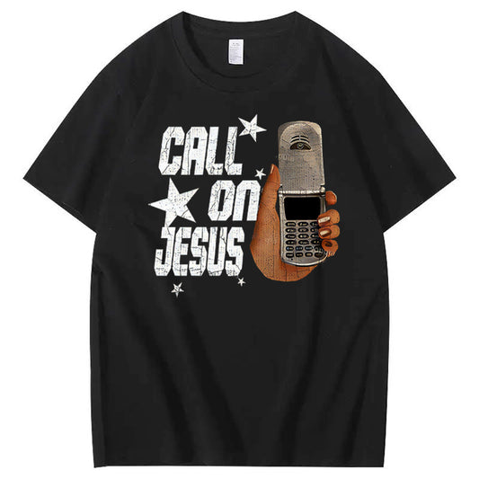 Sjov T-shirt med 100% bomuldsprint og et "kald til Jesus"-mønster