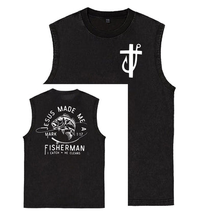 Jesus Made Me A Fisherman  Pattern Sleeveless Cotton Washed Printed Loose Vest