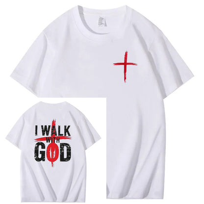 I Walk With God Pattern Printing Print Crew Neck T-Shirt
