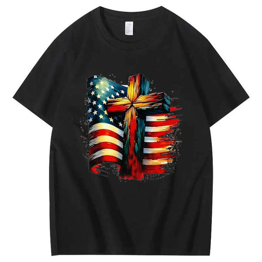 American Flag And Cross Pattern Print 100%Cotton T-Shirt
