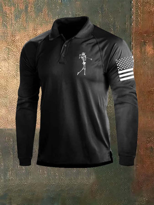 Skull Print Raglan Long Sleeve Polo Shirt
