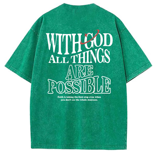 White God All Things Are Possible  Washed And Distressed Pattern Crew Neck T-Shirt