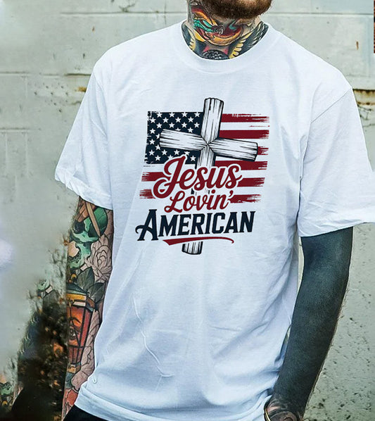 Jesus Lovin' America Pattern Print 100%Cotton T-Shirt