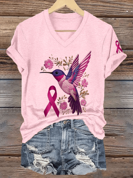 Women's Breast Cancer Awareness Hummingbird Print V-Neck T-Shirt