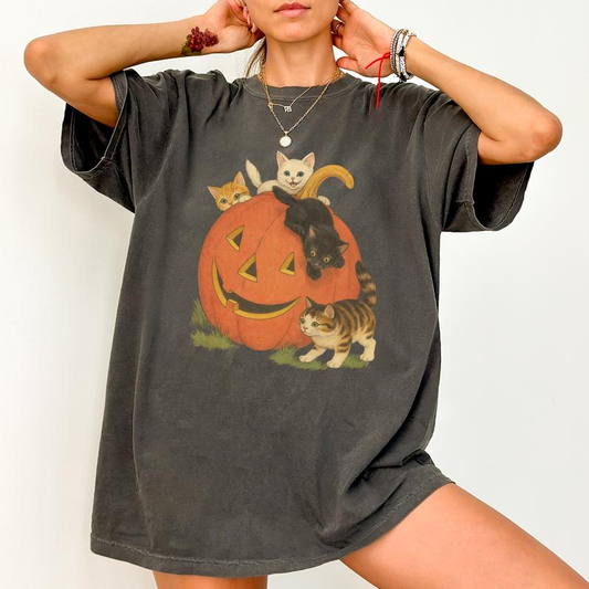 Vintage 90s Cat Halloween Pattern 100% Cotton Print T-Shirt