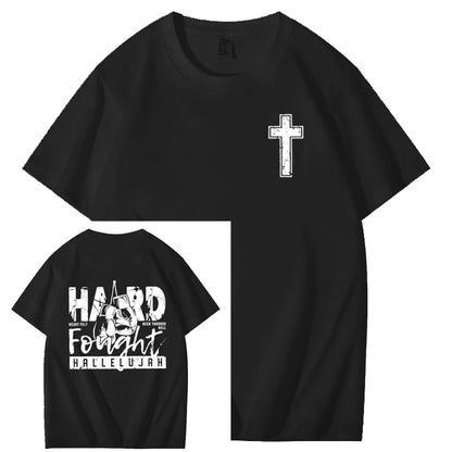 Hard Fonght Hallelujah Jesus Christian Faith Art Pattern Print T-Shirt
