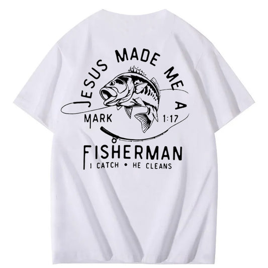 Jesus Made Me A Fisherman Pattern Print 100%Cotton T-Shirt